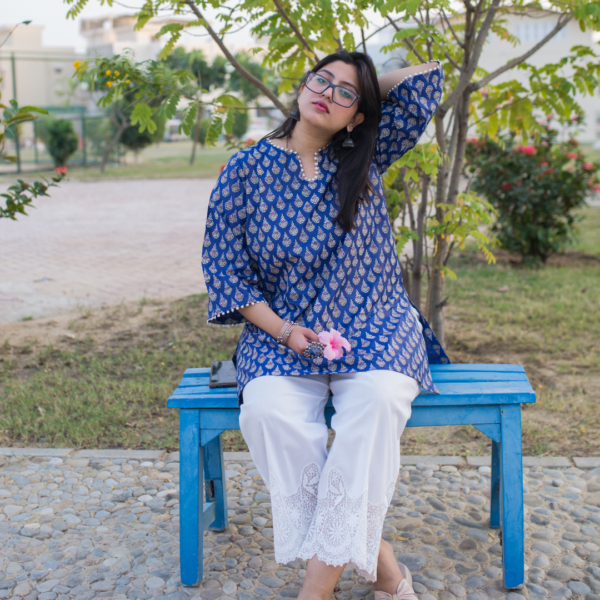 white and Blue Block Print Kurta